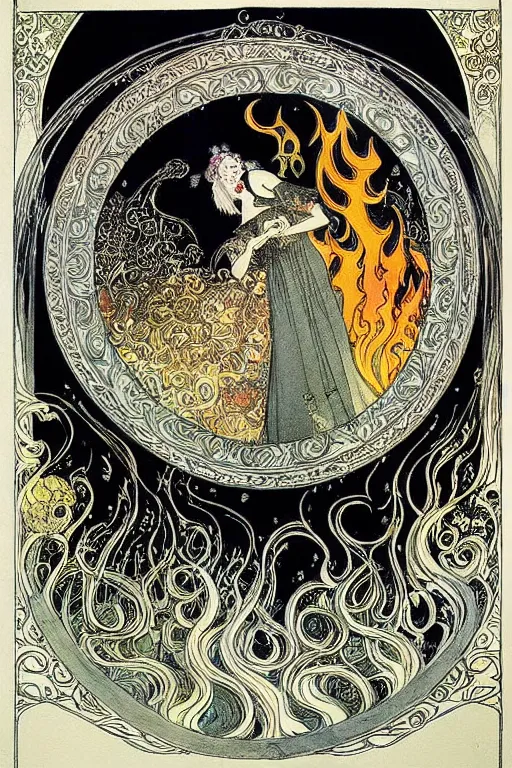 Prompt: a black cauldron over burning flames in the center of an ornate circular floral frame, detailed art by kay nielsen and walter crane, illustration style, watercolor