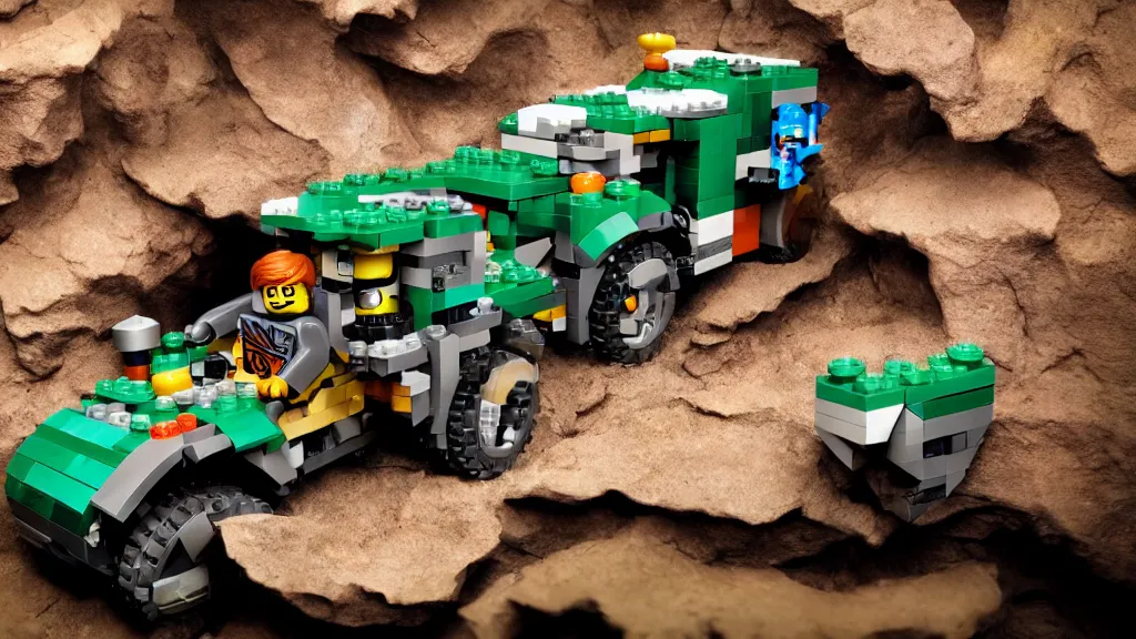 Image similar to lego rock raiders vehicle in a cave adventurous, 2000s, old school game highly detailed textures