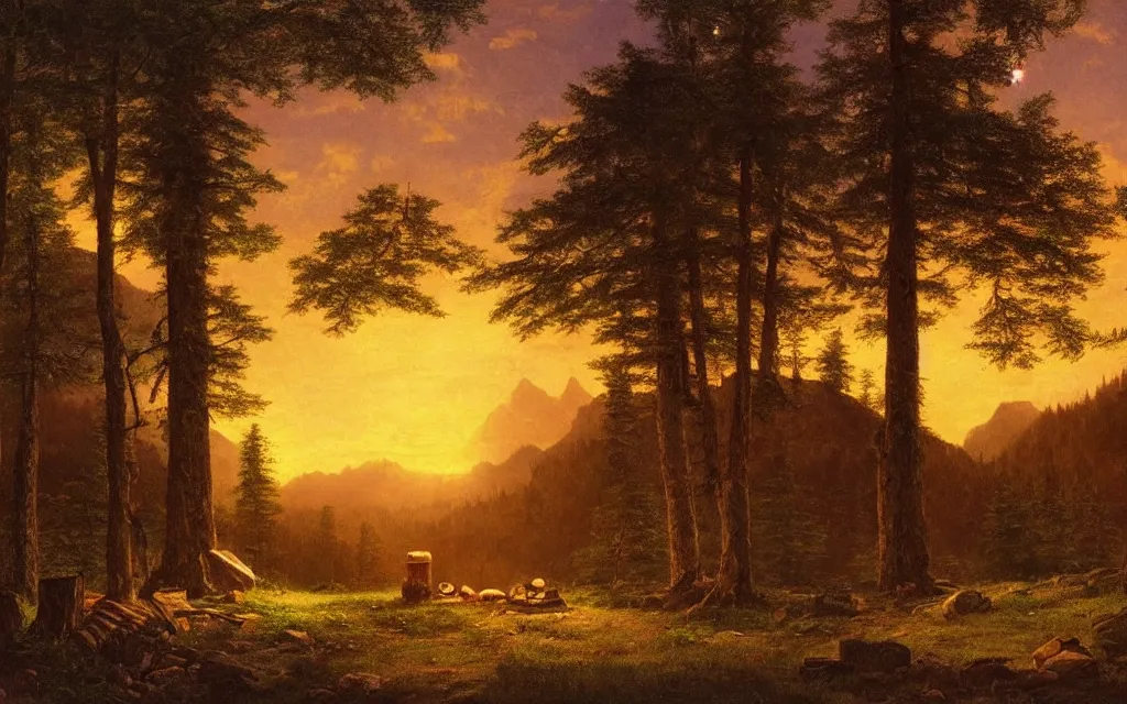 Prompt: small wood cabin with a small campfire on the edge of a forest overlooking a beautiful valley at dusk, sunset in the distance, mountainous backdrop, cinematic lighting, intricate ink illustration, by albert bierstadt