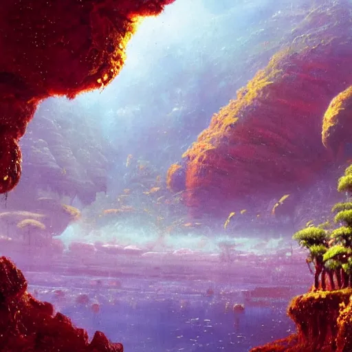 Prompt: illustration of a lush natural scene on an alien planet by paul lehr. extremely detailed. beautiful landscape. weird vegetation. cliffs and water.