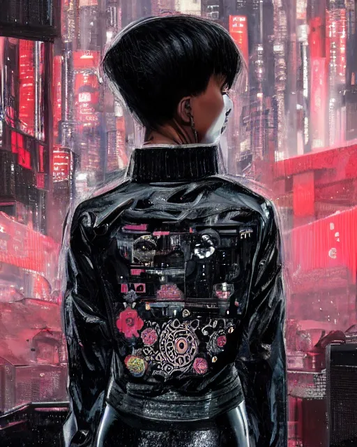 Image similar to detailed portrait guard girl with very short hair seen from the back, cyberpunk futuristic, reflective puffer jacket, black leggings, decorated with traditional ornaments in front of a dystopian crowd with piles of garbage perfect face, fine details, realistic shaded, fine - face, pretty face