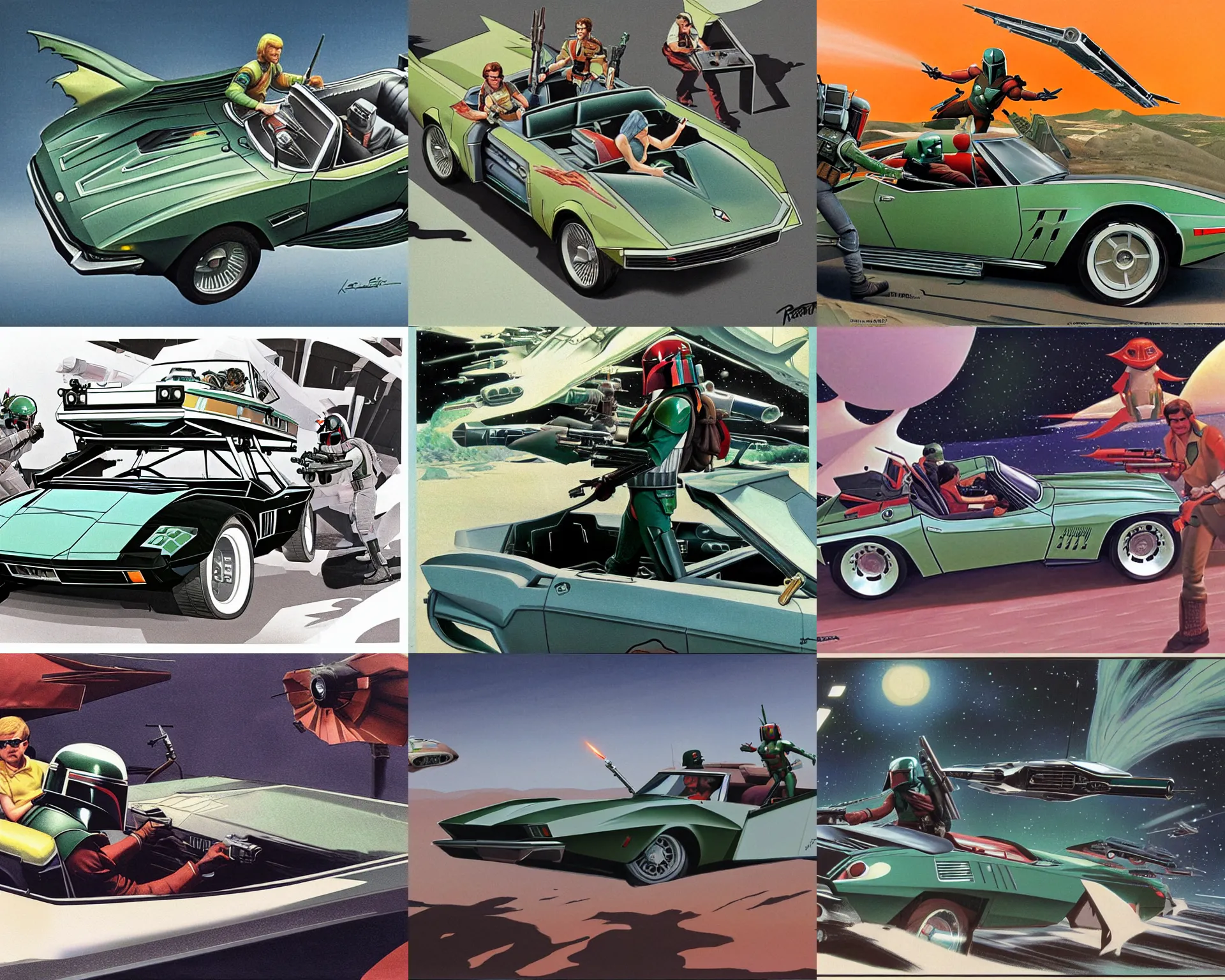 Prompt: boba fett driving a 1 9 6 7 stingray convertible with the top down, star wars production art by ralph mcquarrie, 1 9 7 7