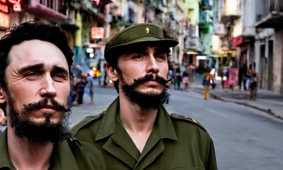 Image similar to James Franco as Fidel Castro for new Movie. Cinematic lighting. 4k ultra hd. Portrait. Low lights cuba street background.