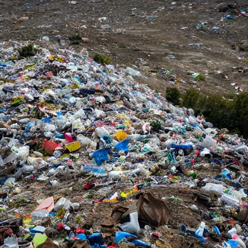Prompt: Mountains of trash that form the word TRASH when looked from above