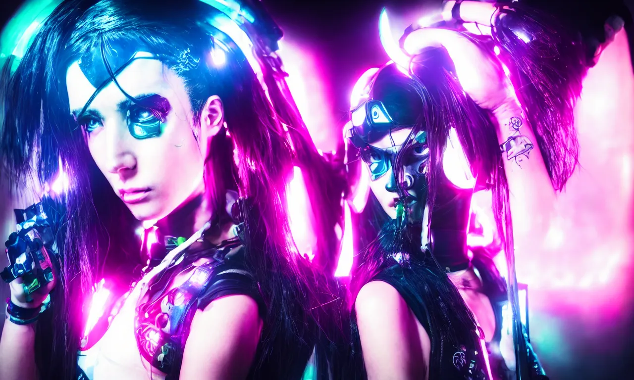 Image similar to neon cyberpunk sailor moon with arm tattoos, 1 / 4 headshot, cinematic lighting, dystopian scifi gear, gloomy, profile picture,