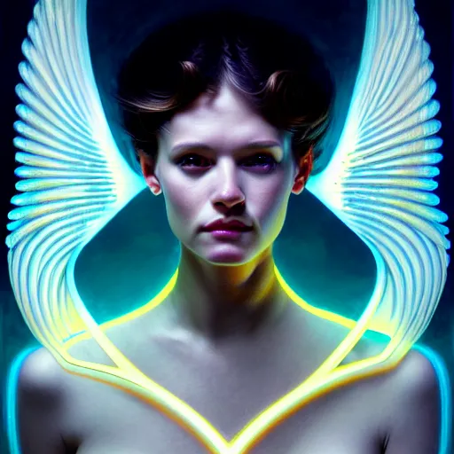 Image similar to tron angel, innocent illuminated face, psychedelic lsd, diffuse lighting, hyper realistic, elegant, intricate, hyper detailed, smooth, sharp focus, concept art, illustration, trending on artstation, art by john collier, artem demura, greg rutkowski, james gurney, and alphonse mucha