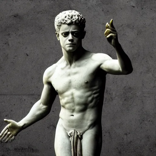 Prompt: rami malek as marble statue of ancient roman emperor, created by michelangelo, museum photoshot, 3 d photorealistic render, high resolution, 8 k