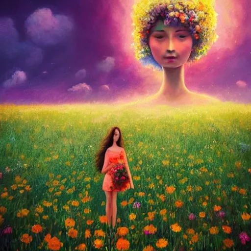 Image similar to full body girl with giant flower for a face, surreal photography, dream, dress made from the flower field she walks through, hills, big trees, sunrise dramatic light, impressionist painting, colorful clouds, digital painting, pointillism, artstation, simon stalenhag