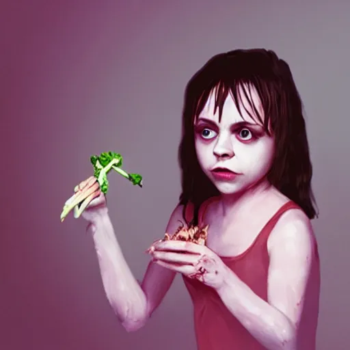 Image similar to young zombie christina ricci eating a clove of garlic, art by beeple