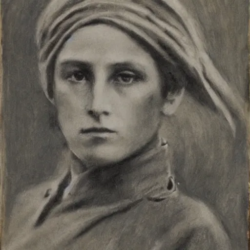 Image similar to ww 1 action heroine, by alfred stevens in charcoal