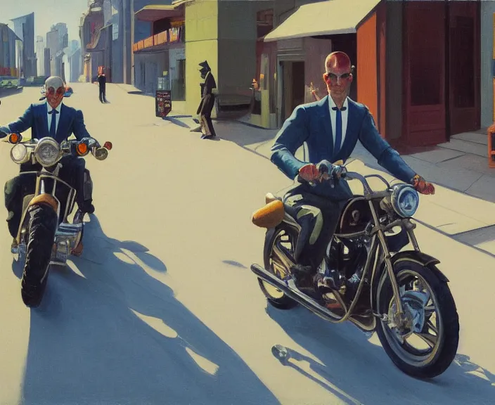 Image similar to a very detailed painting of a man wearing a suit, his head is a skull, riding a motorbike down a street, harley davidson motorbike, worm's - eye view, very fine brush strokes, very aesthetic, very futuristic, in the style of edward hopper and grant wood and syd mead, 4 k,