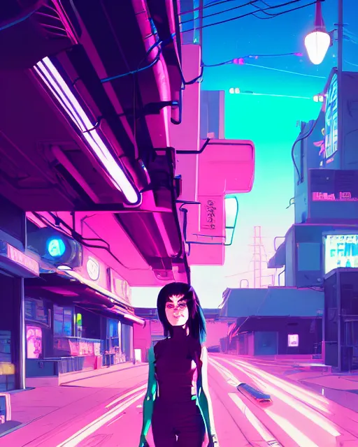 Image similar to digital illustration of cyberpunk pretty girl with pink hair, standing by a blue ford gt in a street at night, under streetlights, by makoto shinkai, ilya kuvshinov, lois van baarle, rossdraws, basquiat