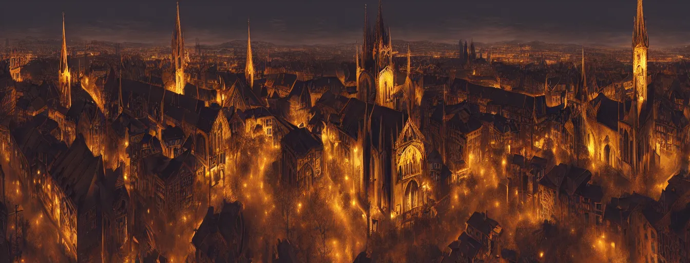 Image similar to Digital painting of Neo-Gothic Zurich at night, wide angle, volumetric light, hyperdetailed, artstation, cgsociety, 8k