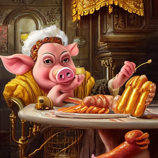 Image similar to pig wearing gold crown eating hot dog, Realistic, Regal, Refined, Detailed Digital Art, Michael Cheval, Walt Disney (1937), François Boucher, Oil Painting, Steampunk, Highly Detailed, Cinematic Lighting, Unreal Engine, 8k