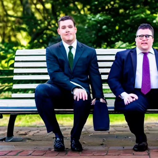 Image similar to two clean - shaven chubby white men in suits and neckties sitting on a park bench, holding manila folders.