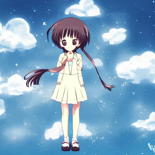 Image similar to cute anime girl looking in the sky surrounded by clouds