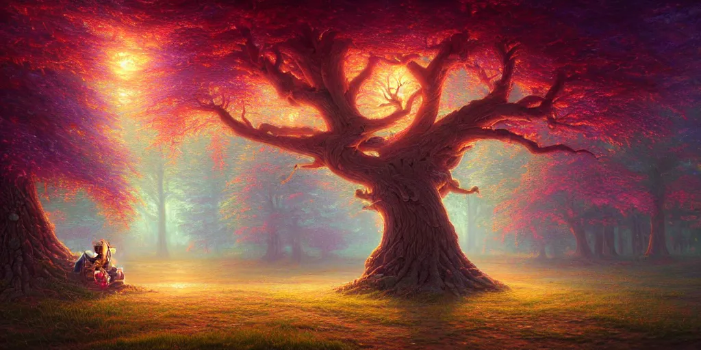 Prompt: beautiful oil painting of a detailed fantasy tree with heart carved in the trunk, painted by mike winkelmann, makoto shinkai,thomas kinkade, colorful, 4k,Trending on artstation