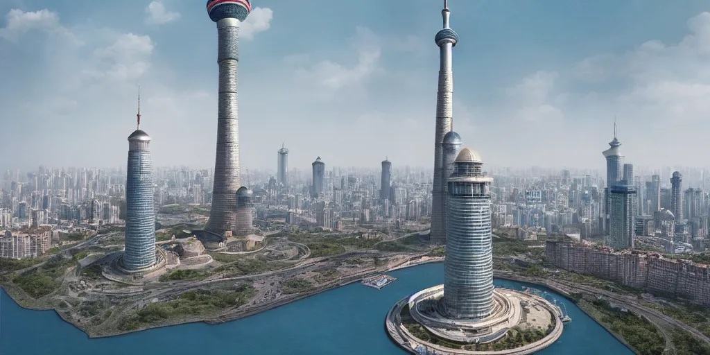 Image similar to a very high resolution image from a new movie, oriental pearl tower, front view, photorealistic, photography, directed by wes anderson