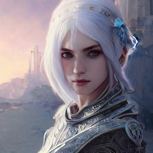 Image similar to portrait white hair knights of Zodiac girl, Sliver ice color reflected armor, in ruined Agora of Athens Sunrise, ssci-fi and fantasy, intricate and very very beautiful and elegant, highly detailed, digital painting, artstation, concept art, smooth and sharp focus, illustration, art by tian zi and WLOP and alphonse mucha