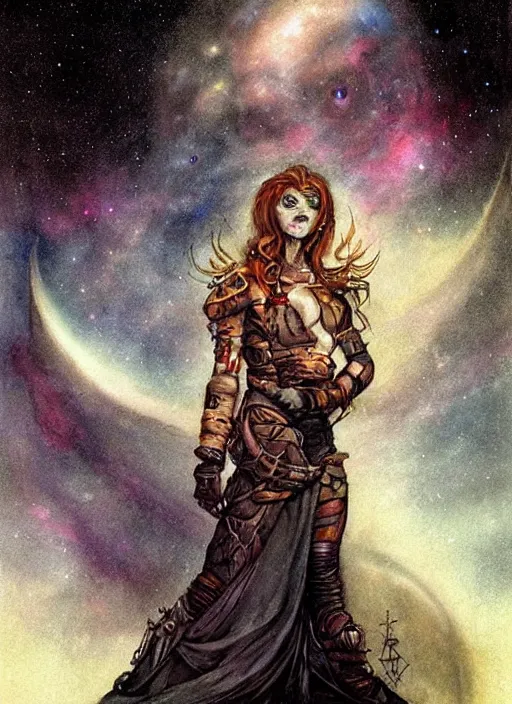 Image similar to portrait of female space pirate, night sky background, beautiful! coherent! by brom, by brian froud, deep color, strong line, high contrast