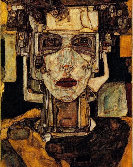 Image similar to portrait of a robot by egon schiele in the style of greg rutkowski