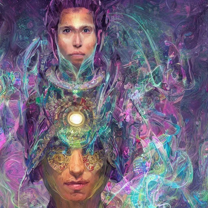 Image similar to portrait of a future metaverse ayahuasca tech shaman warrior, 2 d cartoon, visionary art, symmetric, magick symbols, holy halo, shipibo patterns, sci - fi, concept art, trending on art station, 8 k digital art, by mandy jurgens, fantasy portrait art, anime