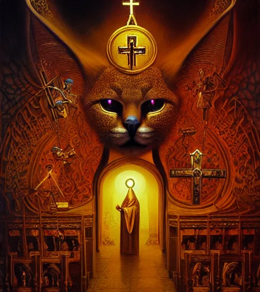 Prompt: caracal in vr glasses in golden clothes in orthodox church, orthodox icons at background, character portrait, portrait, close up, concept art, intricate details, highly detailed, horror poster, horror, vintage horror art, dark, gritty, realistic, terrifying, in the style of michael whelan, beksinski, and gustave dore