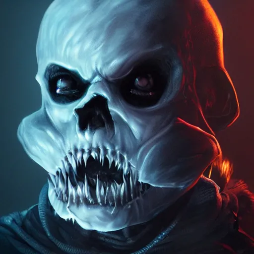 Image similar to photorealistic dark fantasy concept art of nightmare sans with his eye glowing, dynamic lighting, stunning visuals, ray tracing, beautiful scenery, cinematic, full body portrait, ultra detailed, hyper detail, stunning detail