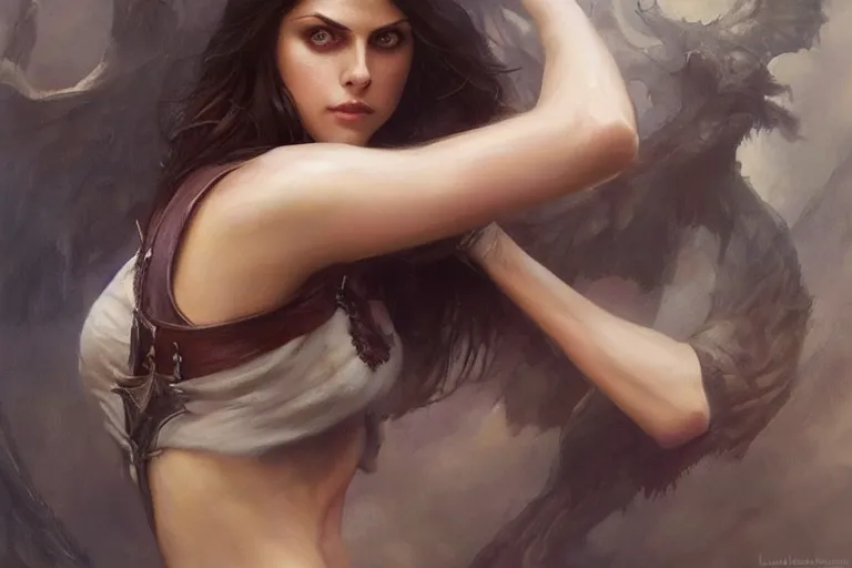 Prompt: A beautiful oil painting of a Alexandra Daddario, by Lucas Graciano, Frank Frazetta, Greg Rutkowski, Boris Vallejo, epic fantasy character art, high fantasy, Exquisite detail, post-processing, low angle, masterpiece, cinematic