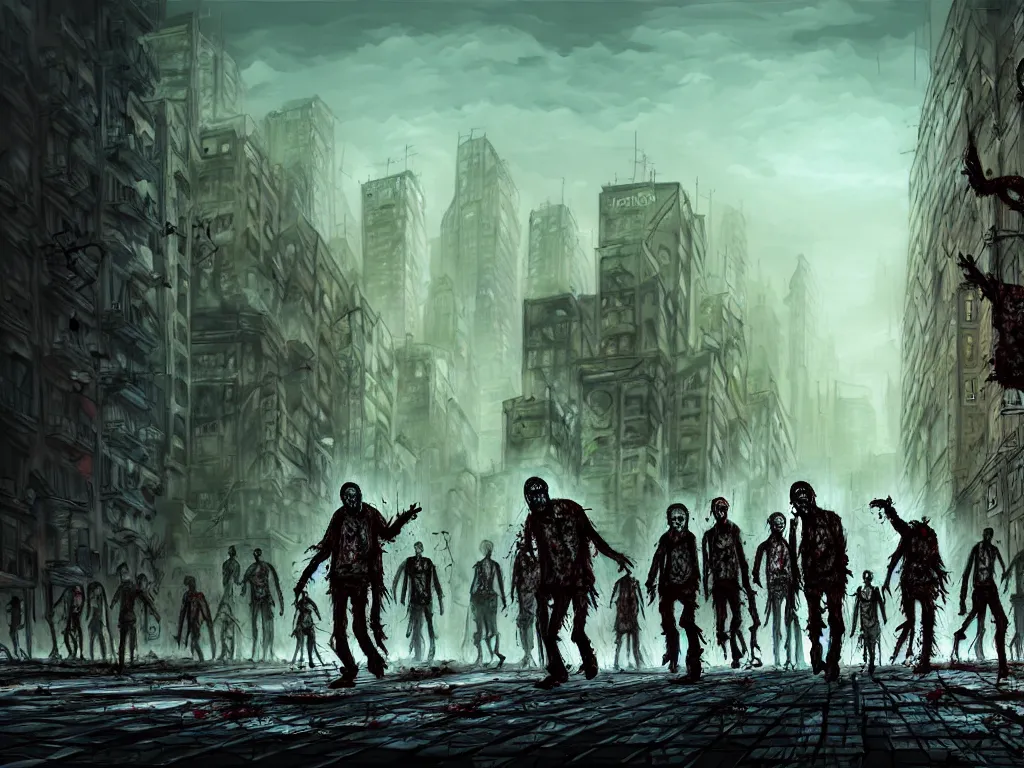 Image similar to post apocalyptic city landscape zombies roaming, very highly detailed, digital painting, 4 k, sharp focus, art