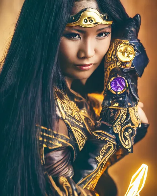 Prompt: a beautiful close up photo of a Filipina female with long hair and purple eyes, no helmet, wearing leather and gold futuristic steampunk costume , with ornate rune carvings and glowing lining, very detailed, shot in canon 50mm f/1.2