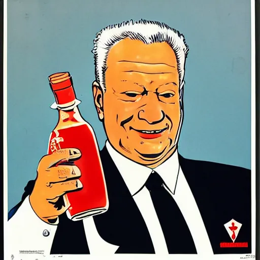 Image similar to yeltsin with a bottle of vodka in his hand encourages people to drink vodka, art in the style of soviet propaganda posters in color