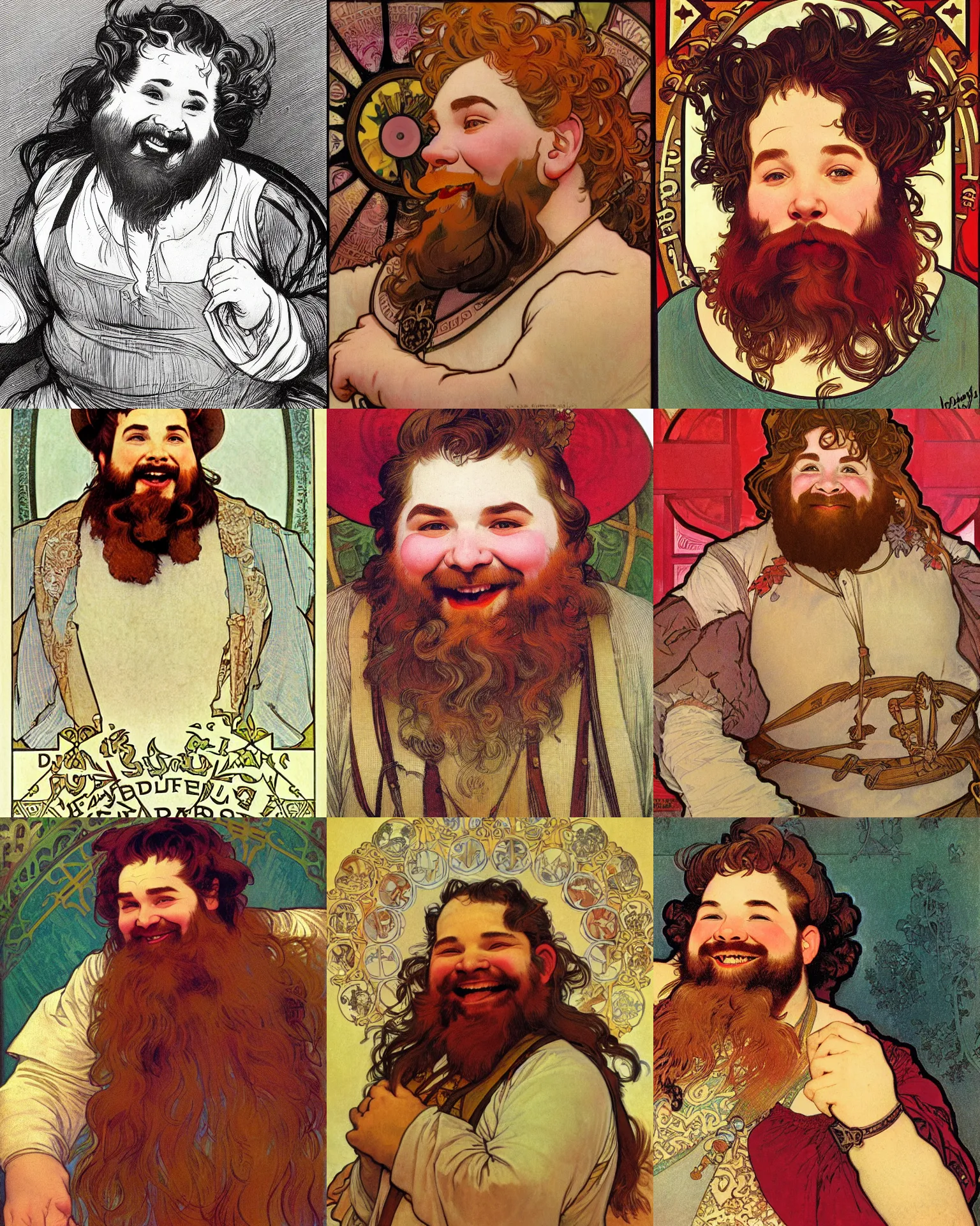 Prompt: closeup portrait of a dwarven bard, happy, laughing, rosy cheeks, red beard, freckles, art by alphonse mucha