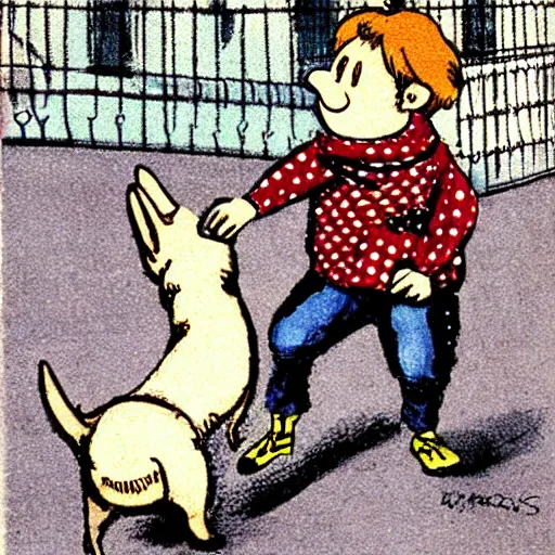 Image similar to illustration of french boy on the streets of paris playing football against a corgi, the dog is wearing a polka dot scarf, comic, 1 9 7 2