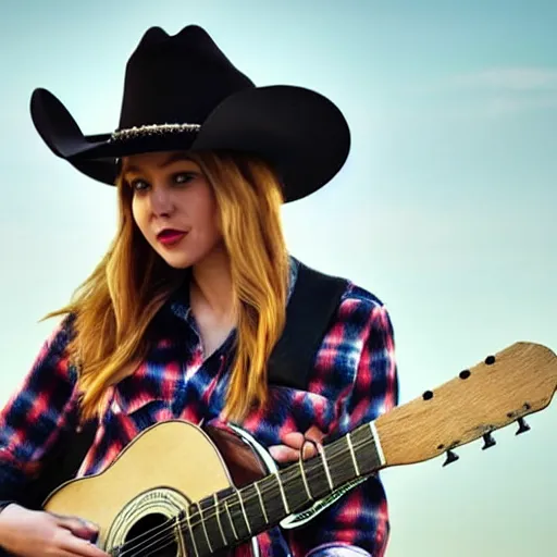 Image similar to a female fluffy humanoid fox animal, wearing cowboy hat, wearing plaid shirt, playing guitar, in a field, barn in background, album cover style