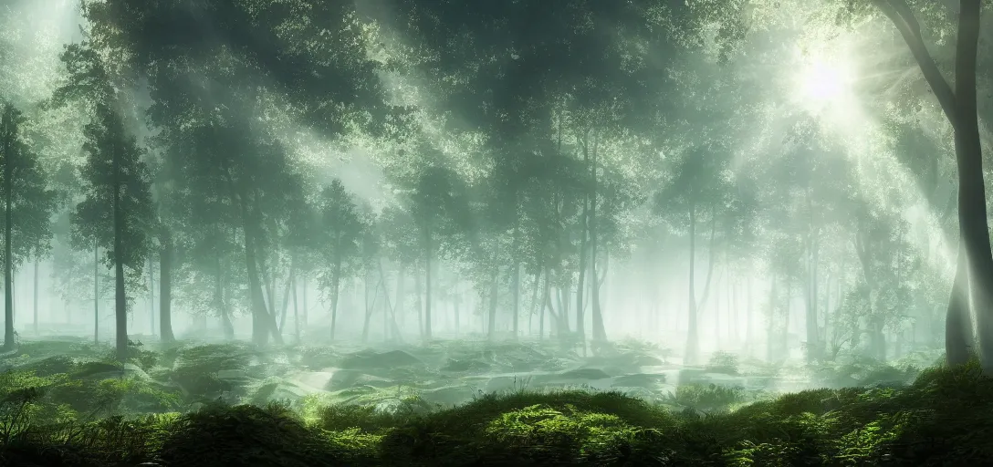 Image similar to beautiful view from the top of a forest looking out into the white city in the distance, a mystical atmosphere, dappled light, reflections, light rays. refraction, symmetry, cinematic lighting, ultra detailed, sharp, ambient occlusion, bloom, raytracing, by dylan cole, sebastian meyer and jordan grimmer
