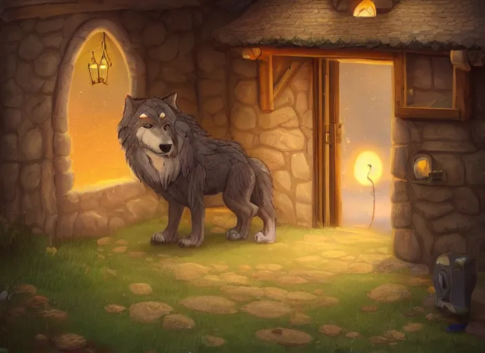 Prompt: a cartoonish cute big wolf is at the door of a straw house, magical atmosphere, trending on artstation, 30mm, by Noah Bradley trending on ArtStation, deviantart, high detail, stylized portrait H 704