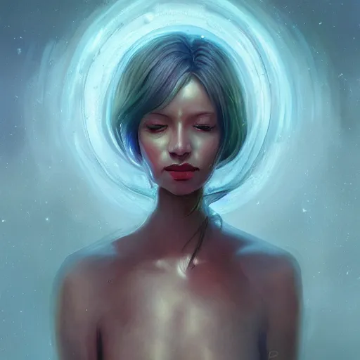 Prompt: a hyperrealistic painting of a beautiful alien priestess in the style of WLOP and Jason Chan