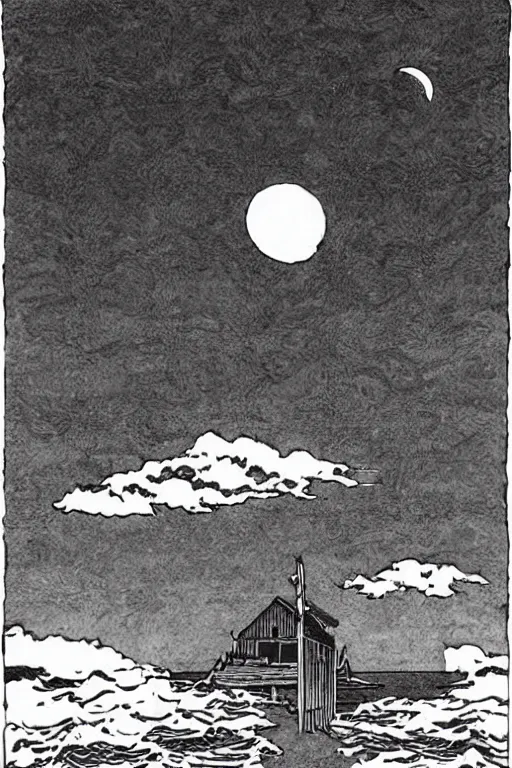Image similar to lone seaside shanty with dock streching into the sea, night, moon in sky encircled by clouds, heavy ink!!!!!!! mike mignola
