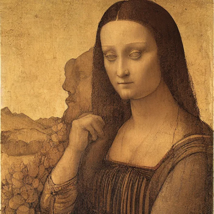 Image similar to a portrait of a woman painted by leonardo da vinci. the woman in the painting is shown seated with her hands folded in her lap. she is wearing a simple dress with a pattern of flowers. her hair is pulled back from her face and she has a small, faint smile. the background of the painting is a landscape of rolling hills and mountains.