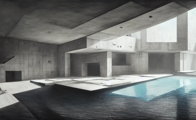 Image similar to painting of interior shot of a white concerete brutalist house with big pools by darek zabrocki and greg ruthkowski, cinematic and cold atmospheric, archillect concept art, artstation, trending on artstation