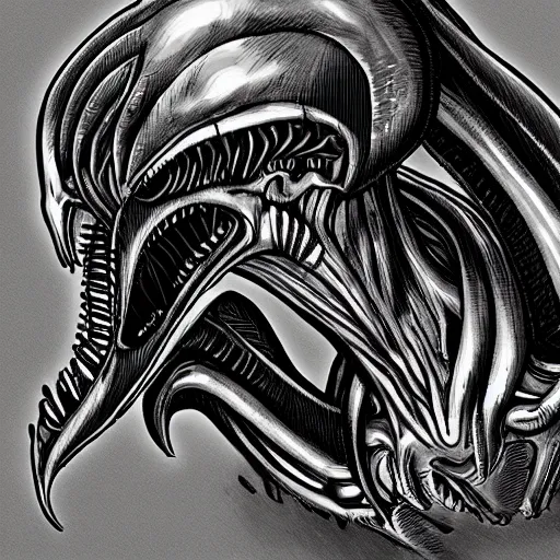 Image similar to Xenomorph by Kentaro Miura, highly detailed, black and white