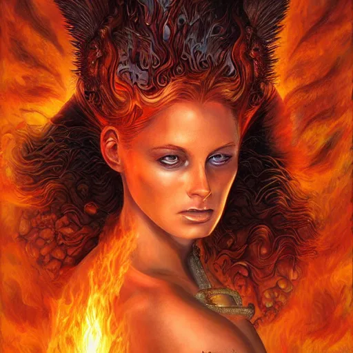 Image similar to A stunning portrait of a goddess with a body of flames by Jim Burns, fantasy, Trending on artstation.