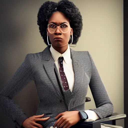 Image similar to professional portrait photo of a humanoid african american, digital - art woman with a suit super hero, very sharp and detailed, octane render