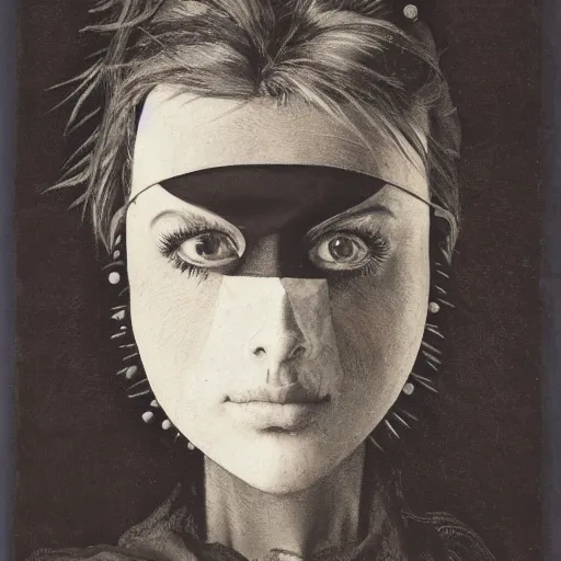 Prompt: Frontal portrait of a woman. All black clothing. Sweater, bandana, gaiter mask, heavy eye shadow and spiky hair. Norman Rockwell painting.