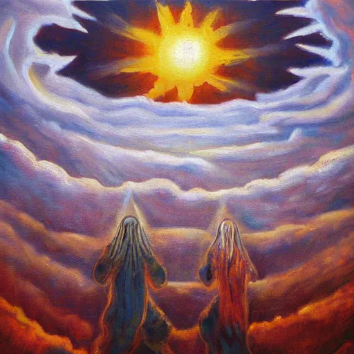 Image similar to the cult of the sun oil painting