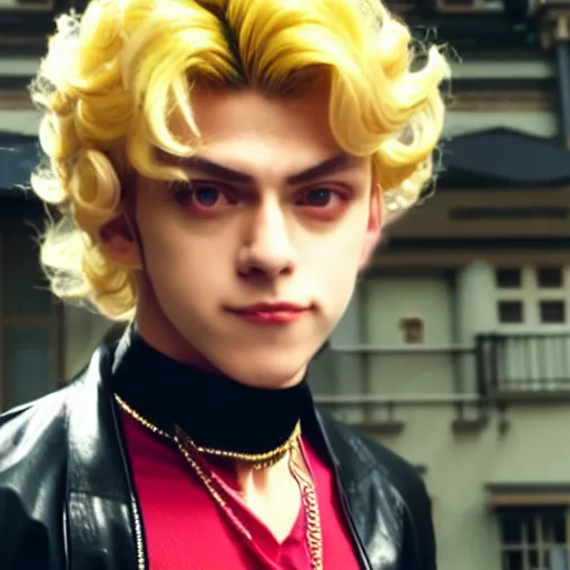 Image similar to a photograph of giorno giovanna from a live action version of jojo's bizarre adventure, filmic, cinematographic