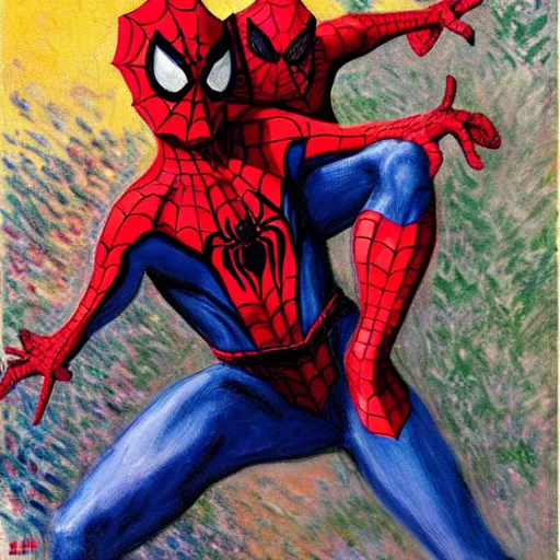 Prompt: Spider-Man riding a spider by claude monet