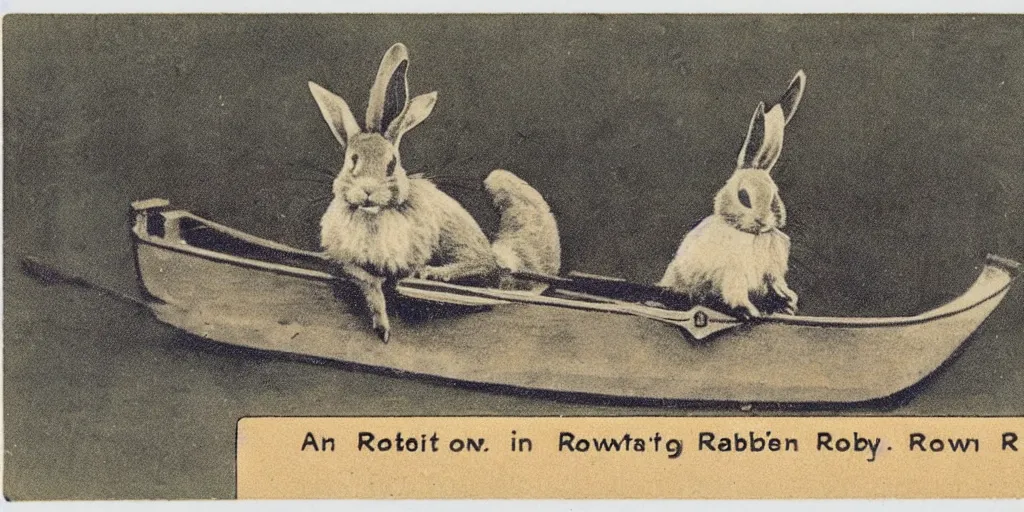 Image similar to a 1 9 1 0 s postcard representing a rabbit in a rowboat