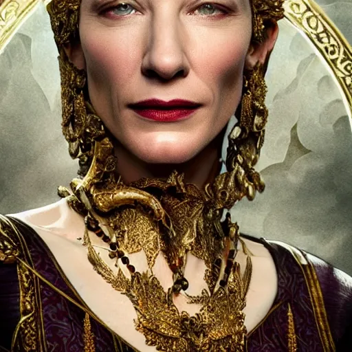 Image similar to Portrait cate blanchett ancient biblical, sultry, sneering, evil, pagan, wicked, queen jezebel, wearing gilded ribes, highly detailed, masterpiece 8K digital illustration